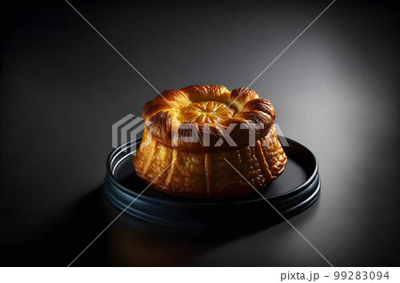 Kouign Amann on black background created with generative AI technology Kouign Amann on black background created with generative AI technology 99283094