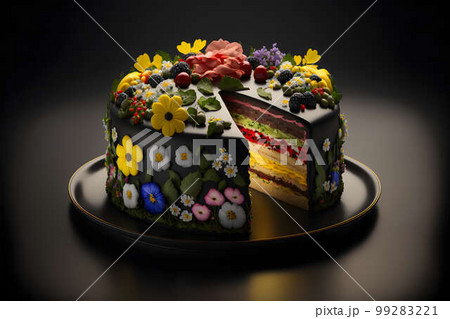 Swedish midsummer cake on black background created with generative AI technology Swedish midsummer cake on black background created with generative AI technology 99283221