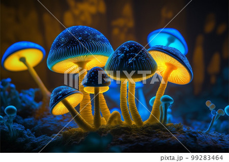 Blue and yellow glowing mushrooms in the dark created with generative AI technology 99283464