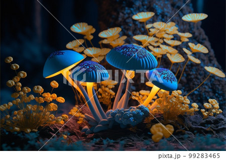 Blue and yellow glowing mushrooms in the dark created with generative AI technology 99283465