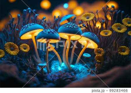 Blue and yellow glowing mushrooms in the dark created with generative AI technology 99283466