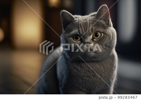 British Shorthair is the pedigreed version of the traditional British domestic cat, with a distinctively stocky body, dense coat, and broad face against the background of union jack created with 99283467
