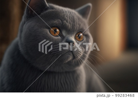 British Shorthair is the pedigreed version of the traditional British domestic cat, with a distinctively stocky body, dense coat, and broad face against the background of union jack created with 99283468