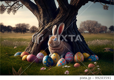 Easter bunny, basket and eggs created with generative AI technology Easter bunny, basket and eggs created with generative AI technology 99283591