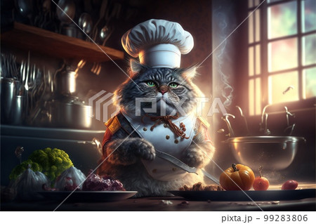 Cat as Chef in the Kitchen created with generative AI technology Cat as Chef in the Kitchen created with generative AI technology 99283806