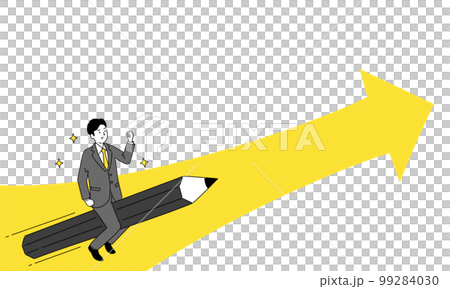 Image of study/examination, illustration of a man riding a pencil and an arrow, copy space, vector Image of study/examination, illustration of a man riding a pencil and an arrow, copy space, vector 99284030