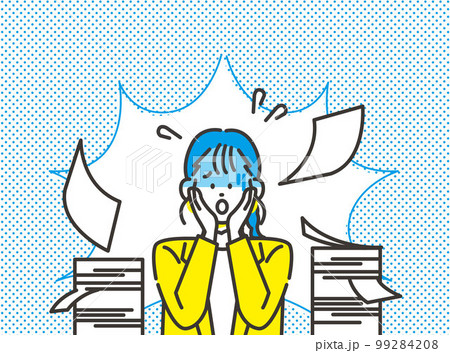 書類仕事が終わらず困り果てる若い女性社員 99284208