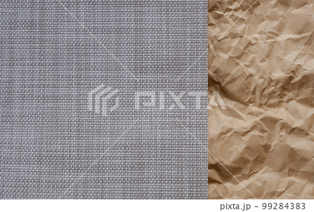 Top view photo of Crumpled craft paper and Beige mat of dry wicker fiber as texture, background. Top view photo of Crumpled craft paper and Beige mat of dry wicker fiber as texture, background. 99284383