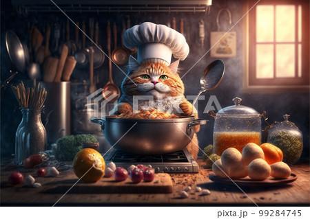 Cat as Chef in the Kitchen created with generative AI technology 99284745