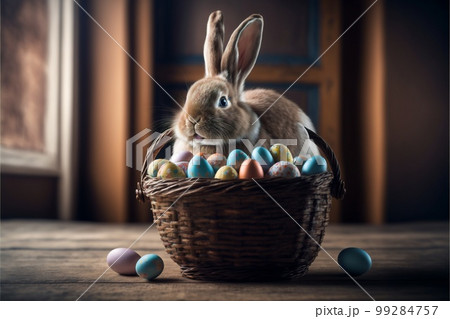 Easter bunny sitting in egg basket created with generative AI technology Easter bunny sitting in egg basket created with generative AI technology 99284757
