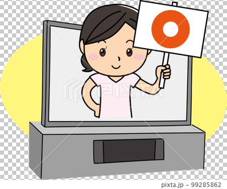 Illustration of a woman holding up a placard with an incorrect answer from a simple large TV and LCD screen 99285862