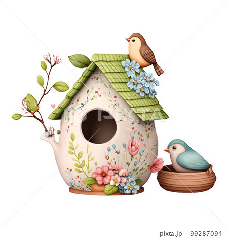Spring Love Flowers Clay Pot Watercolor Illustration. Lovely Bird Clay House decoration watercolor illustration with spring flowers. 99287094