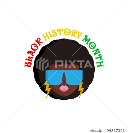 Black history month square banner with stylized afro American woman face isolated on white background. Black history month poster, flyer, background with pretty african modern girl with sunglasses 99287308