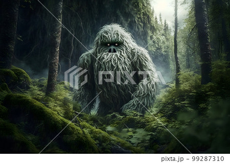 Yeti or abominable snowman walks through winter forest area. Neural network AI generated art Yeti or abominable snowman walks through winter forest area. Neural network AI generated art 99287310