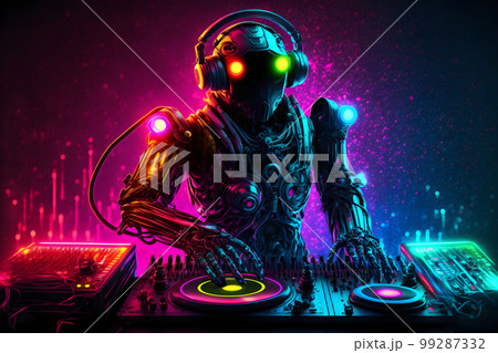 Robot disc jockey at the dj mixer and turntable plays nightclub during party. EDM entertainment party concept. Neural network AI generated art 99287332