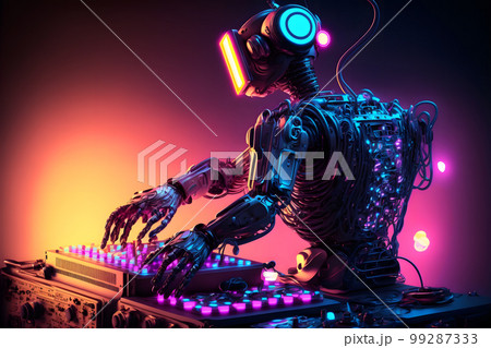 Robot disc jockey at the dj mixer and turntable plays nightclub during party. EDM entertainment party concept. Neural network AI generated art 99287333
