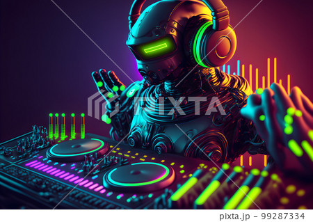 Robot disc jockey at the dj mixer and turntable plays nightclub during party. EDM entertainment party concept. Neural network AI generated art 99287334