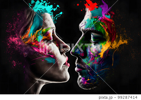 Young couple in love silhouette with watercolor paint splashes. Valentine's day concept. Neural network AI generated art 99287414