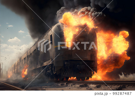 Burning train car on fire accident on train yard. Neural network AI generated art 99287487
