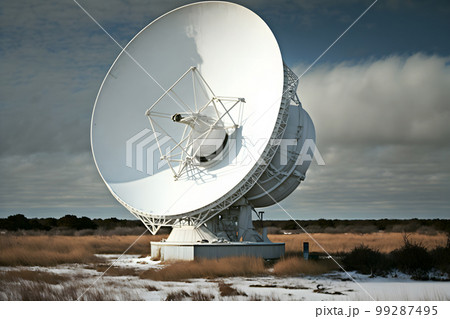 Group of radio telescope satellite dishes. VLA Very Large Array in sandy area. Neural network AI generated art 99287495