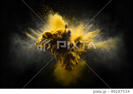 Explosion of yellow color paint powder on black background. Neural network AI generated art 99287534