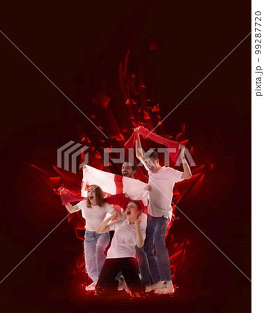 Creative art collage. Modern design. Group of young people emotionally cheering favorite sport team of england on competition. Red background. Creative art collage. Modern design. Group of young people emotionally cheering favorite sport team of england on competition. Red background. 99287720