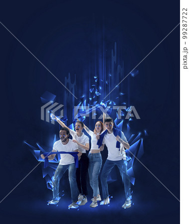 Creative art collage. Modern design. Emotional young people, men and women, fans actively cheering up favourite sport team over blue background Creative art collage. Modern design. Emotional young people, men and women, fans actively cheering up favourite sport team over blue background 99287722
