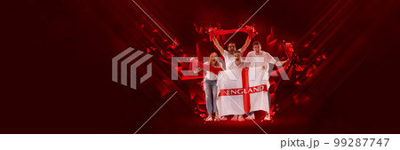 Creative art collage. Modern design. Group of young people emotionally cheering favorite sport team of england on competition. Red background 99287747