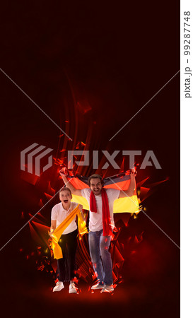 Creative art collage. Modern design. Man and woman, emotional people actively cheering up favourite german football team over red background 99287748