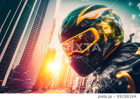 Modern futuristic fast sport bike with biker in city center. Neural network AI generated art Modern futuristic fast sport bike with biker in city center. Neural network AI generated art 99288164