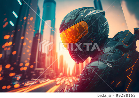 Modern futuristic fast sport bike with biker in city center. Neural network AI generated art Modern futuristic fast sport bike with biker in city center. Neural network AI generated art 99288165