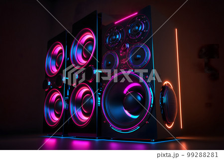 Big and powerful modern sound speakers close up. Audio stereo system. Neural network AI generated art 99288281