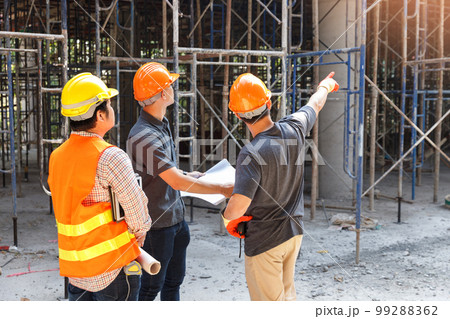 Concept of construction. Engineer, architect and designer working together at the construction site, Foreman or engineer checking the accuracy of the construction work by using blueprints.. Concept of construction. Engineer, architect and designer working together at the construction site, Foreman or engineer checking the accuracy of the construction work by using blueprints.. 99288362