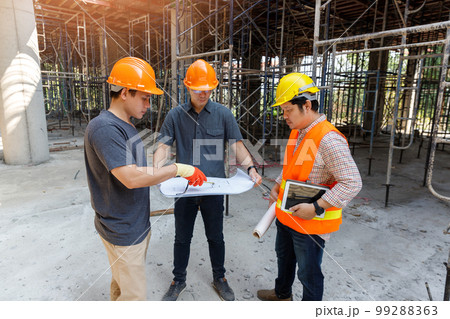 Concept of construction. Engineer, architect and designer working together at the construction site, Foreman or engineer checking the accuracy of the construction work by using blueprints.. Concept of construction. Engineer, architect and designer working together at the construction site, Foreman or engineer checking the accuracy of the construction work by using blueprints.. 99288363