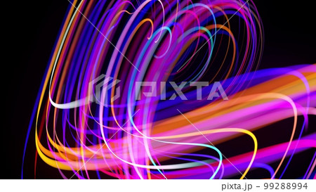Motion graphics, sci-fi bg. Stream of multicolor neon lines form spiral shape, curls and pattern. Abstract background with light trails, Modern trendy motion design bg. Light flow bg. 3d render 99288994