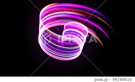 Motion graphics, sci-fi bg. Stream of multicolor neon lines form spiral shape, curls and pattern. Abstract background with light trails, Modern trendy motion design bg. Light flow bg. 3d render 99289010