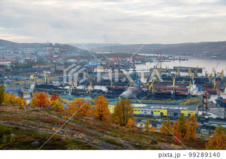 MURMANSK, RUSSIA - SEPTEMBER 17, 2021: Murmansk commercial sea port. Kola bay. 99289140