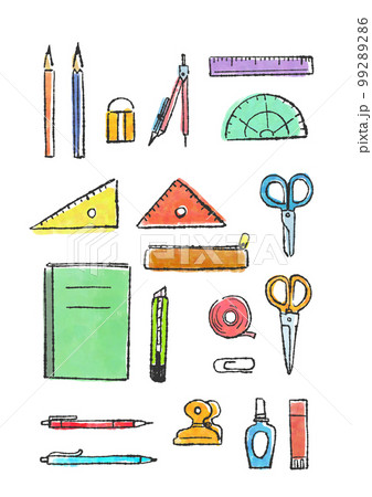 シンプルで優しいカラフルな文房具のイラスト シンプルで優しいカラフルな文房具のイラスト 99289286