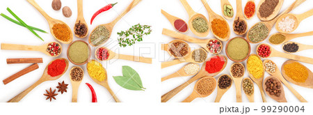 mix of spices in wooden spoon isolated on a white background. Top view. Flat lay. Set or collection mix of spices in wooden spoon isolated on a white background. Top view. Flat lay. Set or collection 99290004