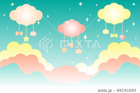 マカロンとダイヤモンドとリボンなどかわいいアイテムで飾った背景 99291095