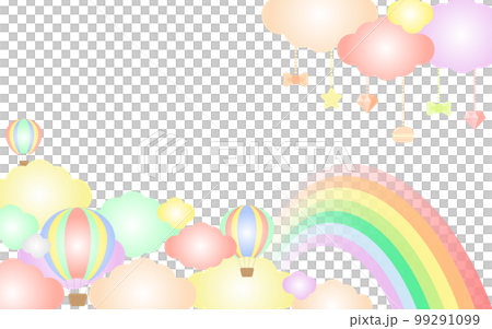 虹と気球とマカロンとダイヤモンドとリボンなどかわいいアイテムで飾った背景 虹と気球とマカロンとダイヤモンドとリボンなどかわいいアイテムで飾った背景 99291099