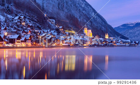 Hallstatt. Scenic view of the city and the lake at sunset. Hallstatt. Scenic view of the city and the lake at sunset. 99291436