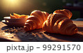 Morning luxury - tempting croissants in golden rays. 3D rendering 99291570