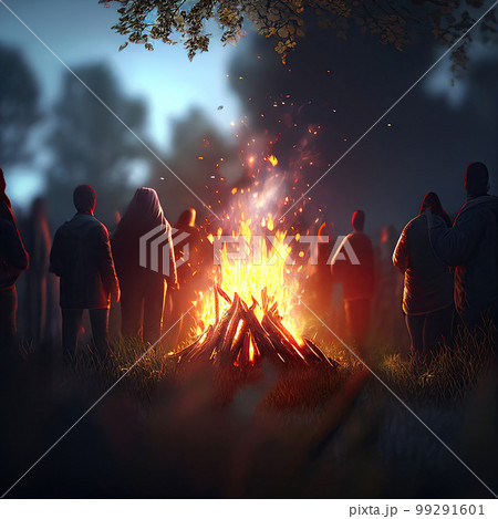 people rest near the fire, pagan holiday in summer or spring, AI generated people rest near the fire, pagan holiday in summer or spring, AI generated 99291601