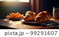 Morning luxury - tempting croissants in golden rays. 3D rendering 99291607