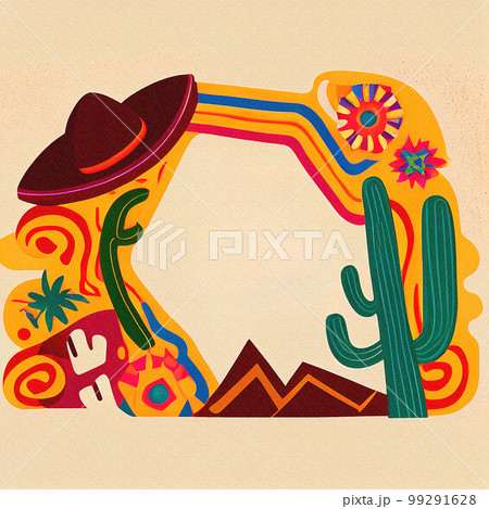 AI generated background with Mexican motifs stylized as a paint drawing on the wall	 99291628