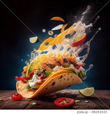 Juicy tuna and fresh veggies fill these delicious tacos in a mouth-watering AI generated photo. Juicy tuna and fresh veggies fill these delicious tacos in a mouth-watering AI generated photo. 99291635