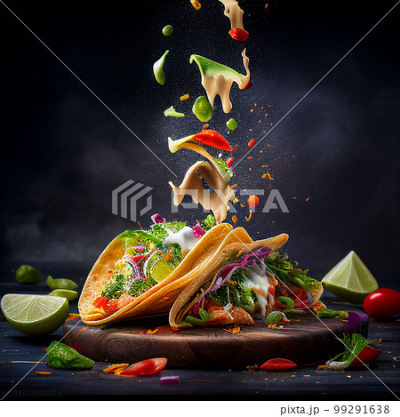 Juicy tuna and fresh veggies fill these delicious tacos in a mouth-watering AI generated photo. 99291638