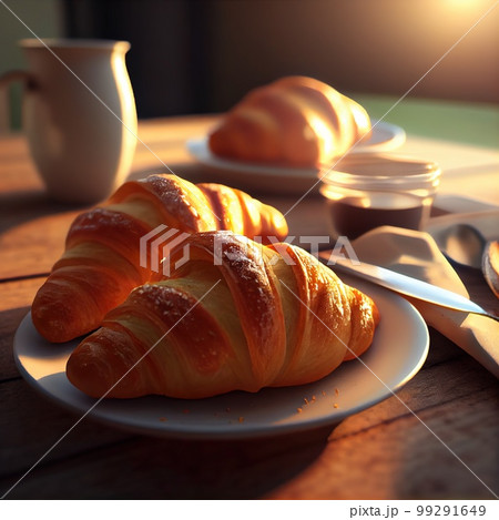 Morning luxury - tempting croissants in golden rays. 3D rendering 99291649