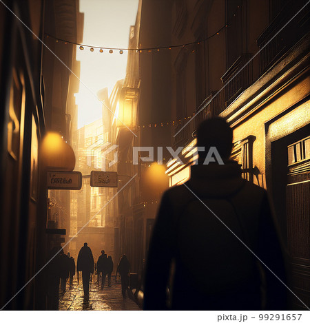 AI generated illustration of travelers exploring charming side streets 99291657